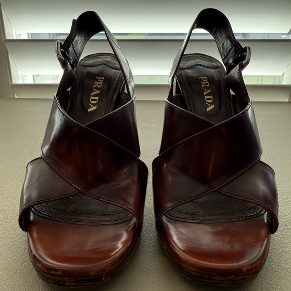 Prada Brown Leather Criscross Block Heel platform sandals - Picture 3 of 8